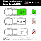 Toyota Tundra truck bed measurement guide comparing 6.5ft (78"), 5.5ft (66"), and 8ft (96") bed lengths, instructing users to measure from bulkhead to tailgate.